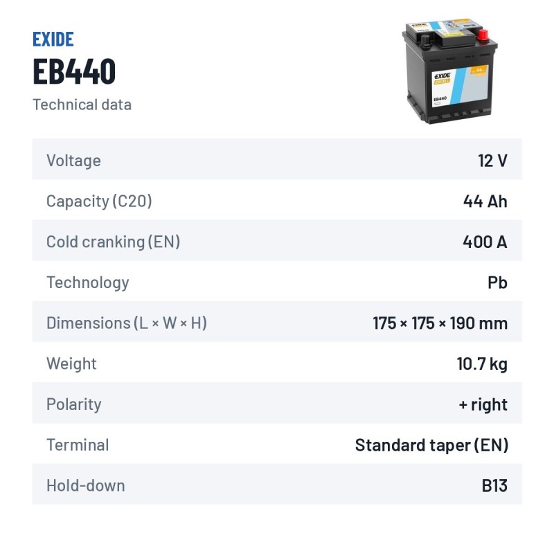 Autobatterie Exide EB440 12V 44Ah 400A | baterias.com