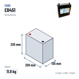 Car battery Exide EB451 12V 45Ah 330A – dimensions 220 × 135 × 225 mm