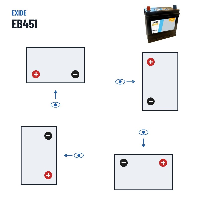 Car battery Exide EB451 12V 45Ah 330A – polarity (layout 1, + left)