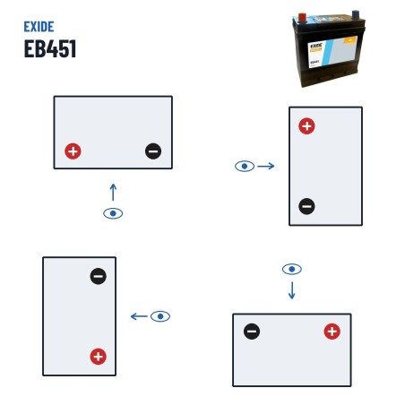 Car battery Exide EB451 12V 45Ah 330A – polarity (layout 1, + left)