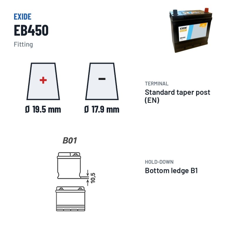 Batería de coche Exide EB450 12V 45Ah 330A – borne y sujeción