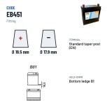 Car battery Exide EB451 12V 45Ah 330A – terminal and hold-down