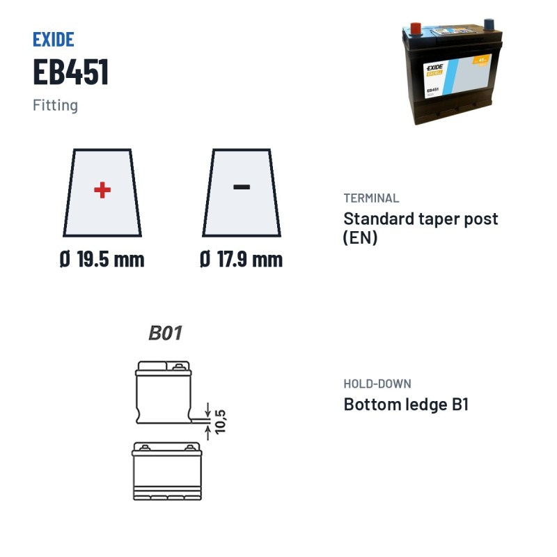Autobatterie Exide EB451 12V 45Ah 330A – Pole und Befestigung