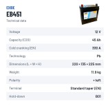 Bateria de carro Exide EB451 12V 45Ah 330A – ficha técnica