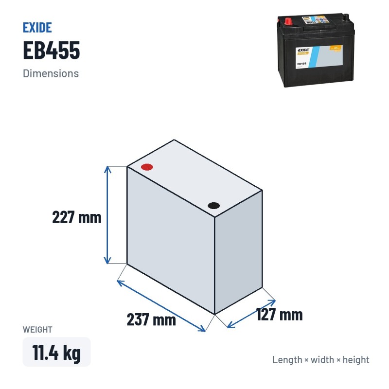 Batterie voiture Exide EB455 12V 45Ah 330A | baterias.com