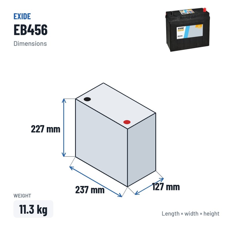 Bateria de carro Exide EB456 12V 45Ah 330A – medidas 237 × 127 × 227 mm