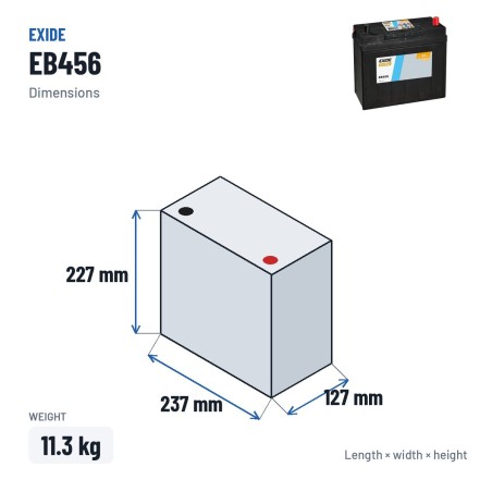 Bateria de carro Exide EB456 12V 45Ah 330A – medidas 237 × 127 × 227 mm