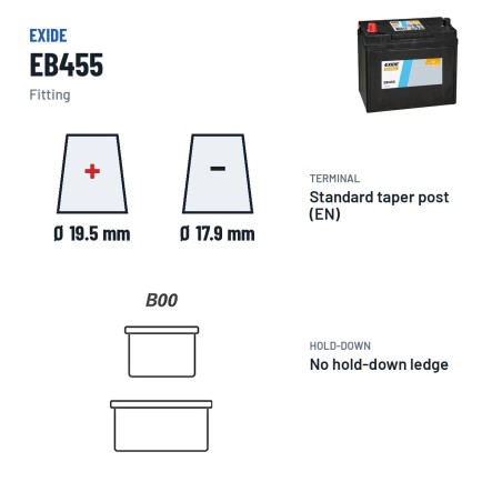 Car battery Exide EB455 12V 45Ah 330A – terminal and hold-down