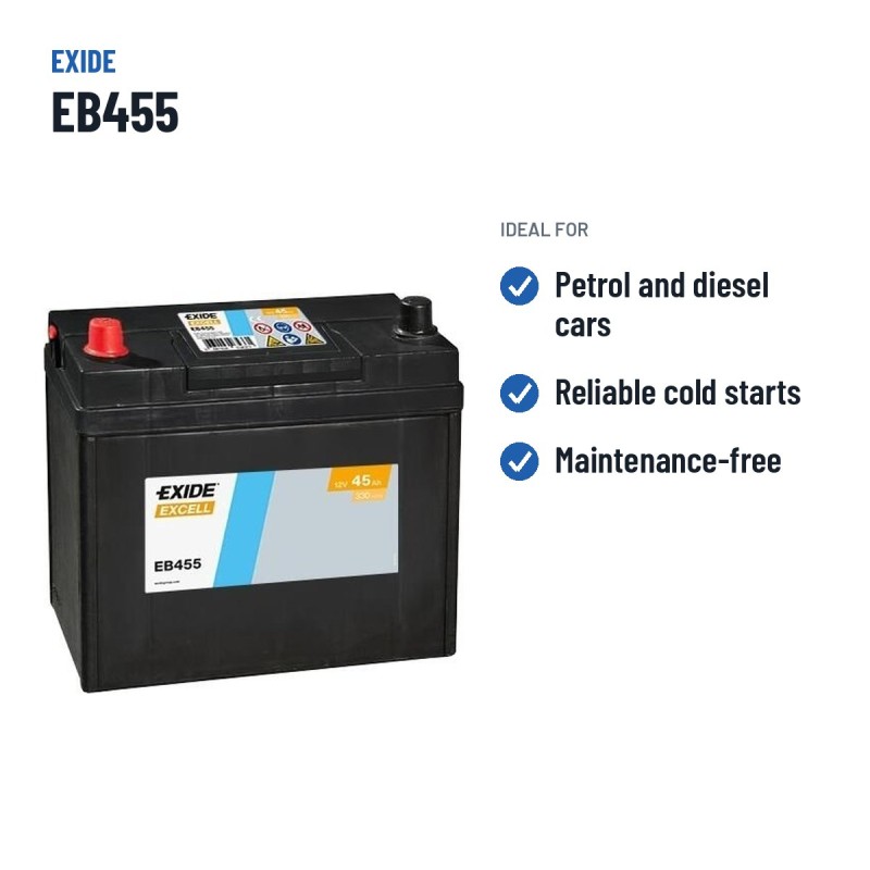 Batterie voiture Exide EB455 12V 45Ah 330A | baterias.com