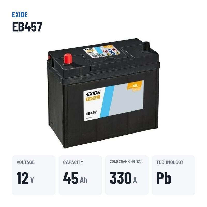 Bateria de carro Exide EB457 12V 45Ah 330A – dados principais