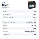 Batería de coche Exide EB455 12V 45Ah 330A – ficha técnica