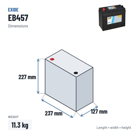 Bateria de carro Exide EB457 12V 45Ah 330A – medidas 237 × 127 × 227 mm