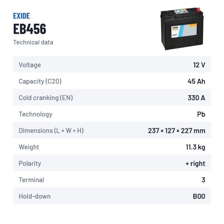 Bateria de carro Exide EB456 12V 45Ah 330A – ficha técnica