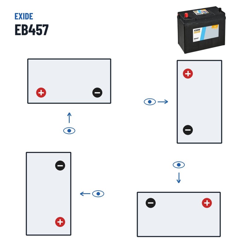 Batterie voiture Exide EB457 12V 45Ah 330A – polarité (schéma 1, + à gauche)