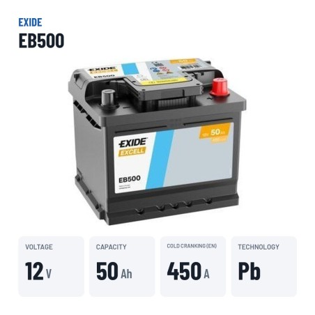 Autobatterie Exide EB500 12V 50Ah 450A – wichtigste Daten
