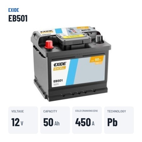 Car battery Exide EB501 12V 50Ah 450A | baterias.com