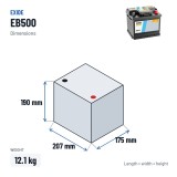 Car battery Exide EB500 12V 50Ah 450A – dimensions 207 × 175 × 190 mm