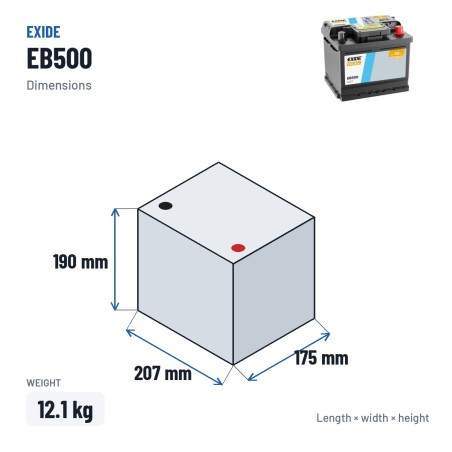 Car battery Exide EB500 12V 50Ah 450A – dimensions 207 × 175 × 190 mm