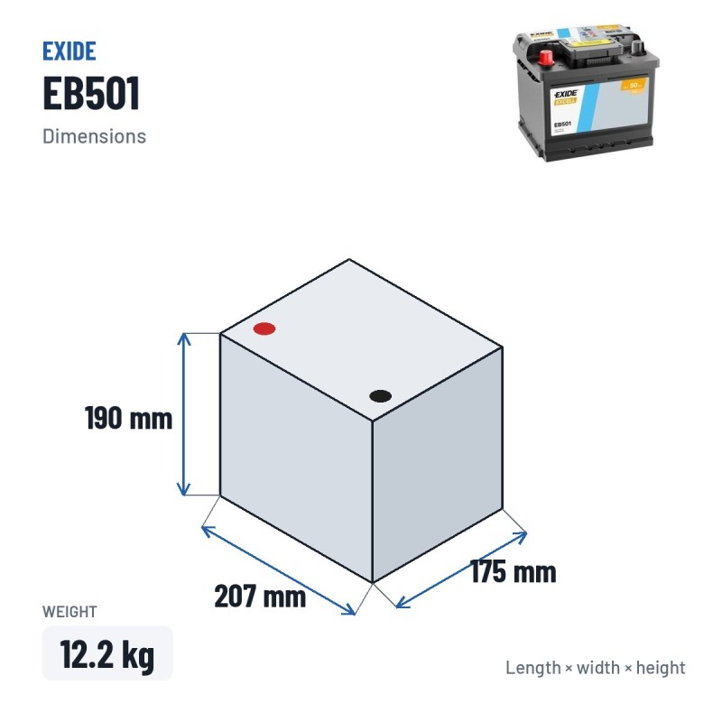 Car battery Exide EB501 12V 50Ah 450A | baterias.com