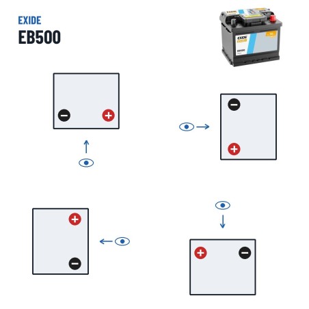 Autobatterie Exide EB500 12V 50Ah 450A – Polarität (Schaltung 0, + rechts)