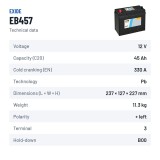 Bateria de carro Exide EB457 12V 45Ah 330A – ficha técnica