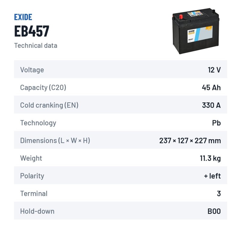 Bateria de carro Exide EB457 12V 45Ah 330A – ficha técnica