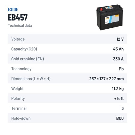 Bateria de carro Exide EB457 12V 45Ah 330A – ficha técnica