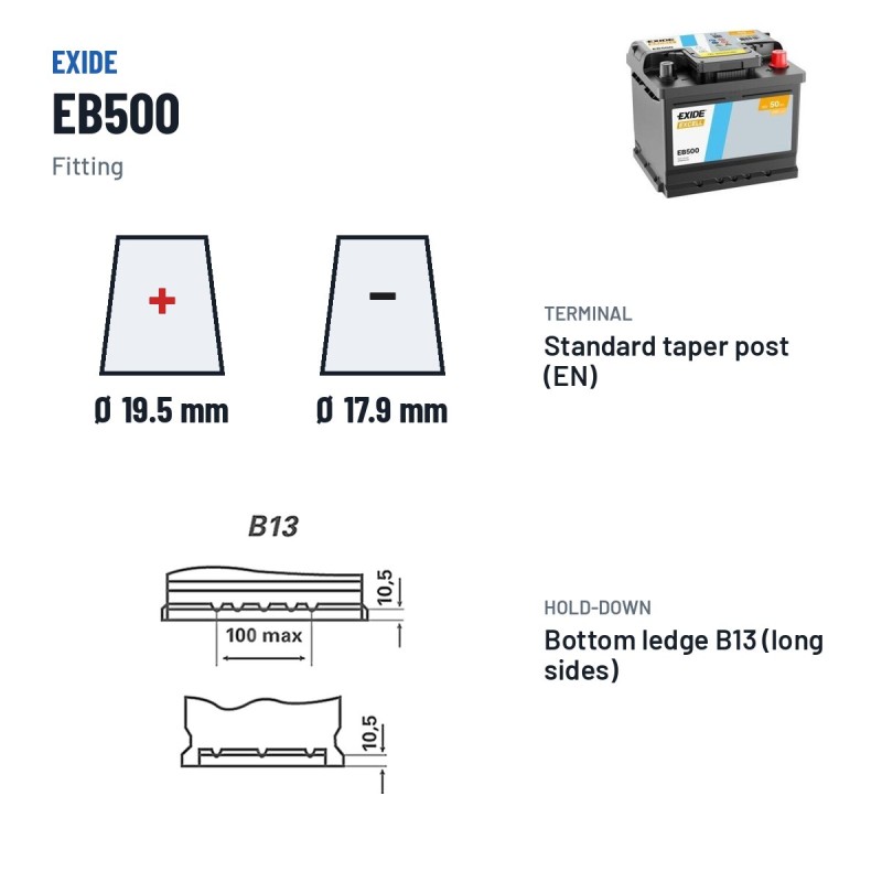 Batteria auto Exide EB500 12V 50Ah 450A – terminali e fissaggio