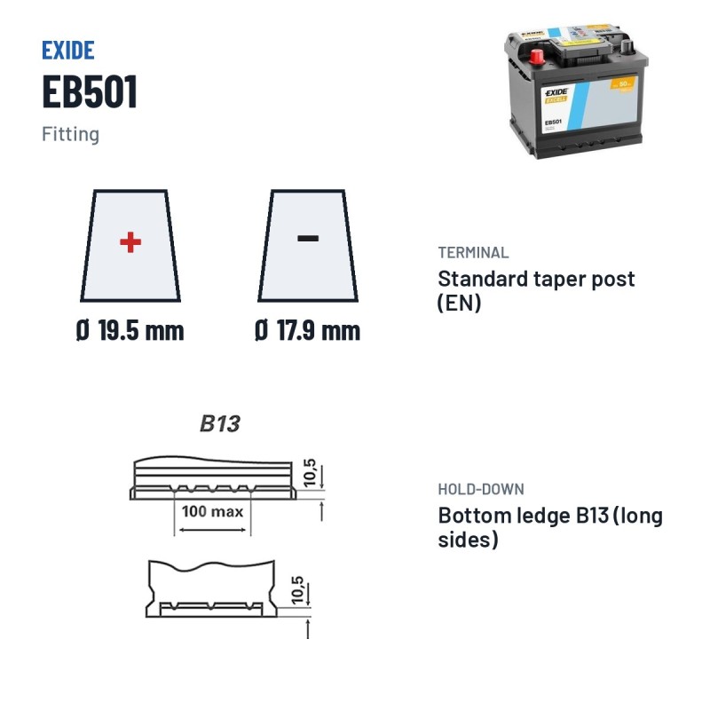 Batterie voiture Exide EB501 12V 50Ah 450A | baterias.com