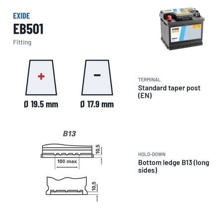 Car battery Exide EB501 12V 50Ah 450A | baterias.com