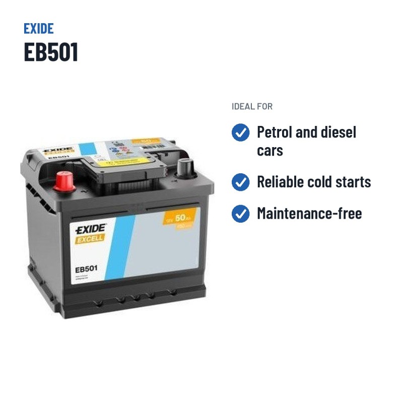 Batterie voiture Exide EB501 12V 50Ah 450A | baterias.com