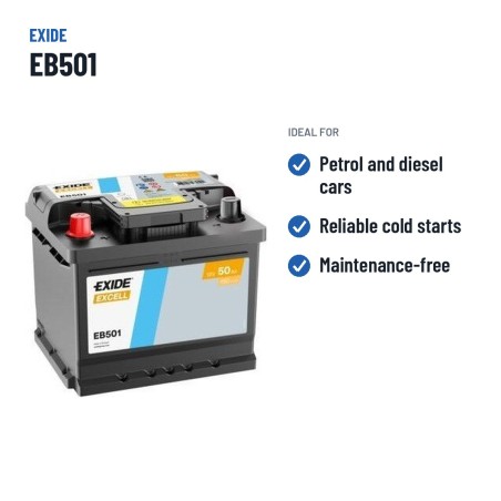 Car battery Exide EB501 12V 50Ah 450A | baterias.com