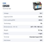 Car battery Exide EB500 12V 50Ah 450A – technical data