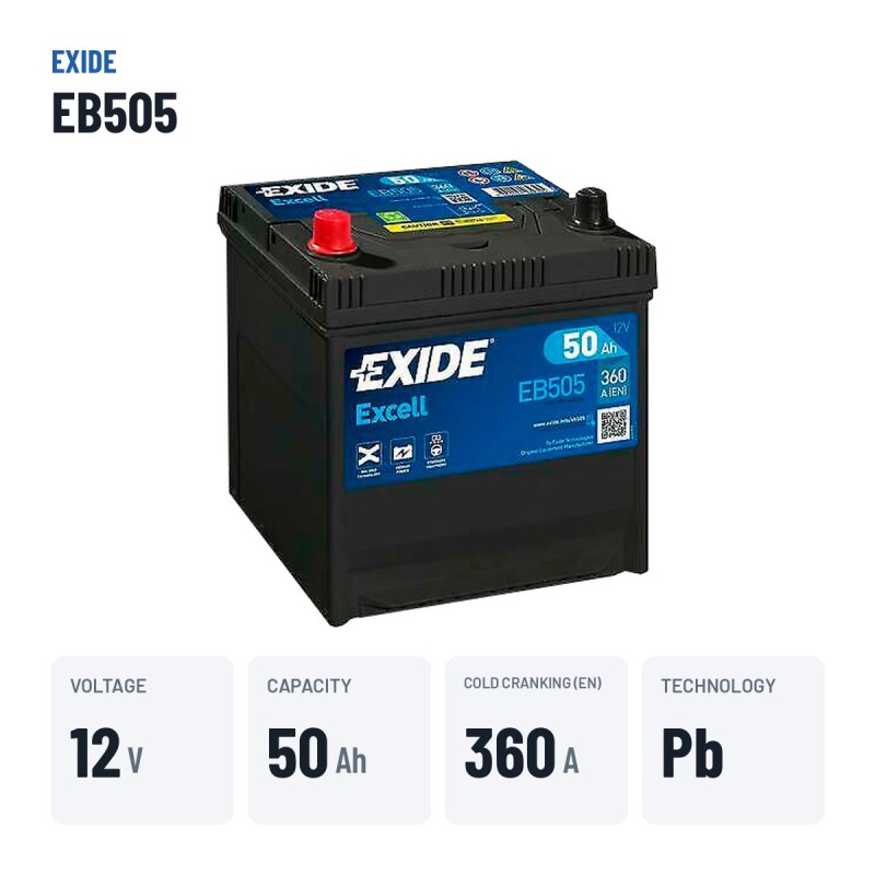 Batterie voiture Exide EB505 12V 50Ah 360A | baterias.com
