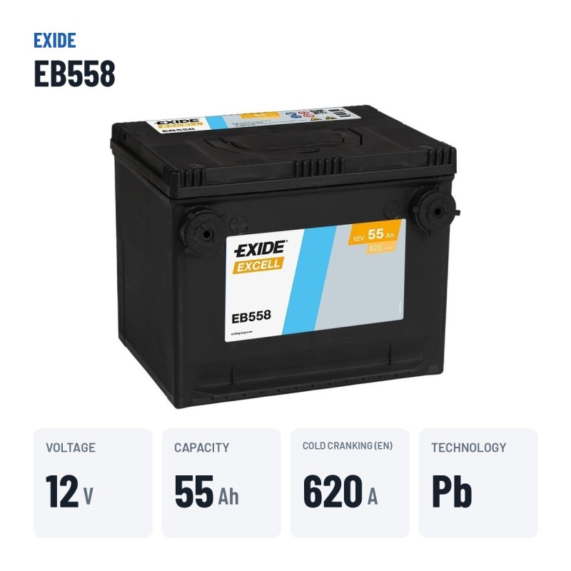 Car battery Exide EB558 12V 55Ah 620A – key specs