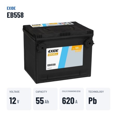Car battery Exide EB558 12V 55Ah 620A – key specs