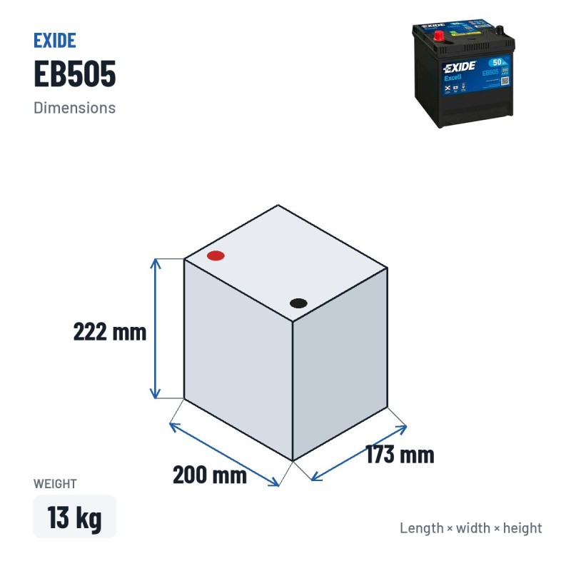 Batterie voiture Exide EB505 12V 50Ah 360A | baterias.com