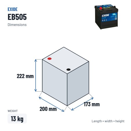 Batterie voiture Exide EB505 12V 50Ah 360A | baterias.com