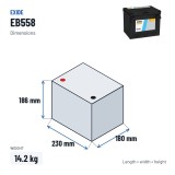 Bateria de carro Exide EB558 12V 55Ah 620A – medidas 230 × 180 × 186 mm