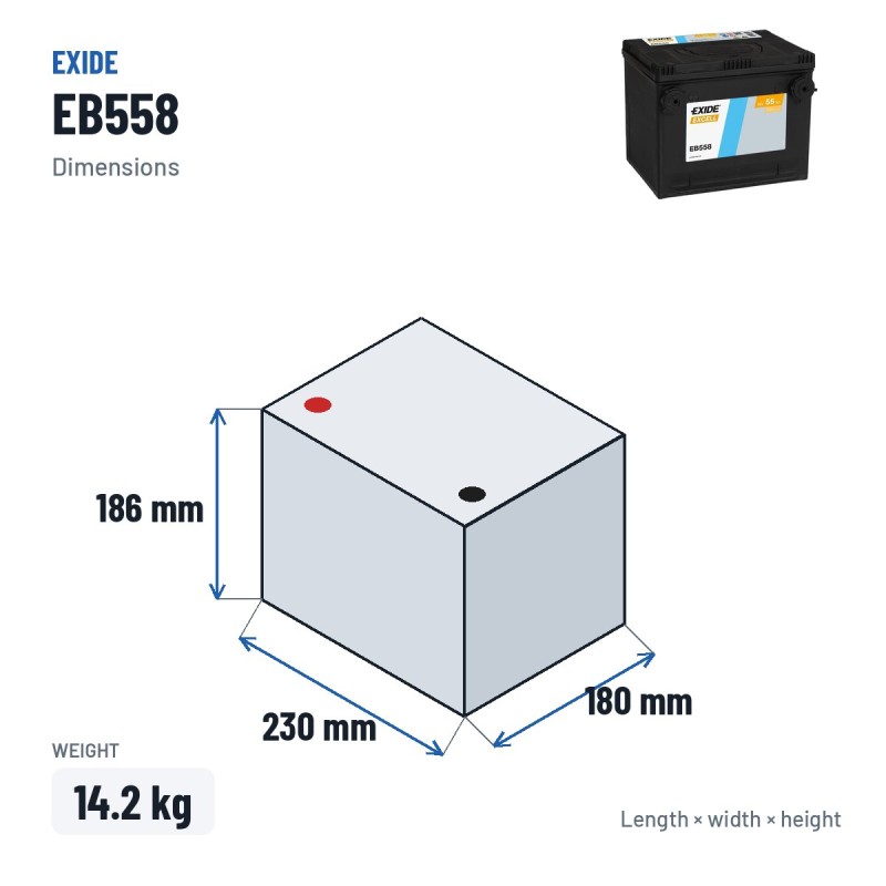 Car battery Exide EB558 12V 55Ah 620A – dimensions 230 × 180 × 186 mm