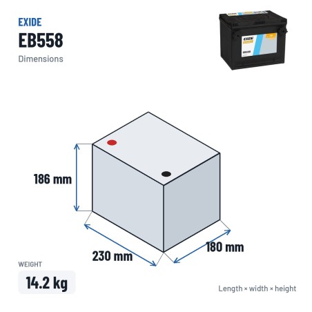 Bateria de carro Exide EB558 12V 55Ah 620A – medidas 230 × 180 × 186 mm