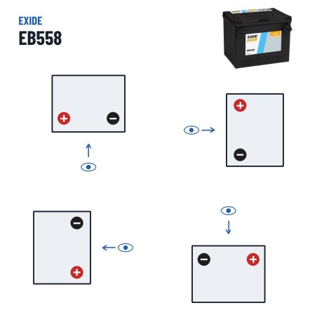Bateria de carro Exide EB558 12V 55Ah 620A – polaridade (esquema 1, + esquerda)
