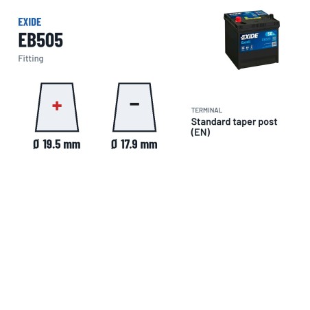 Batterie voiture Exide EB505 12V 50Ah 360A | baterias.com