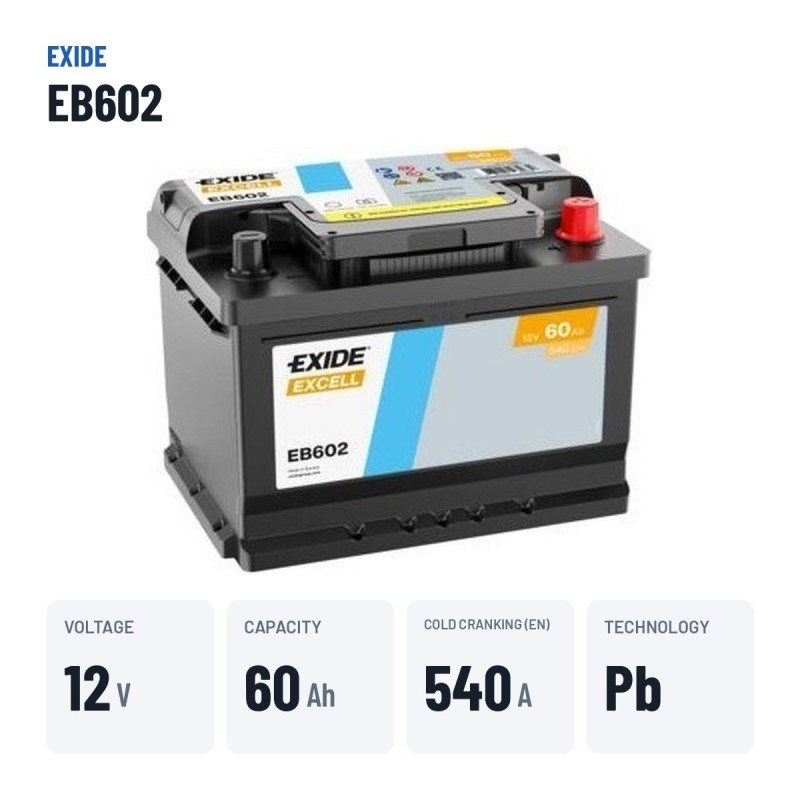 Car battery Exide EB602 12V 60Ah 540A – key specs