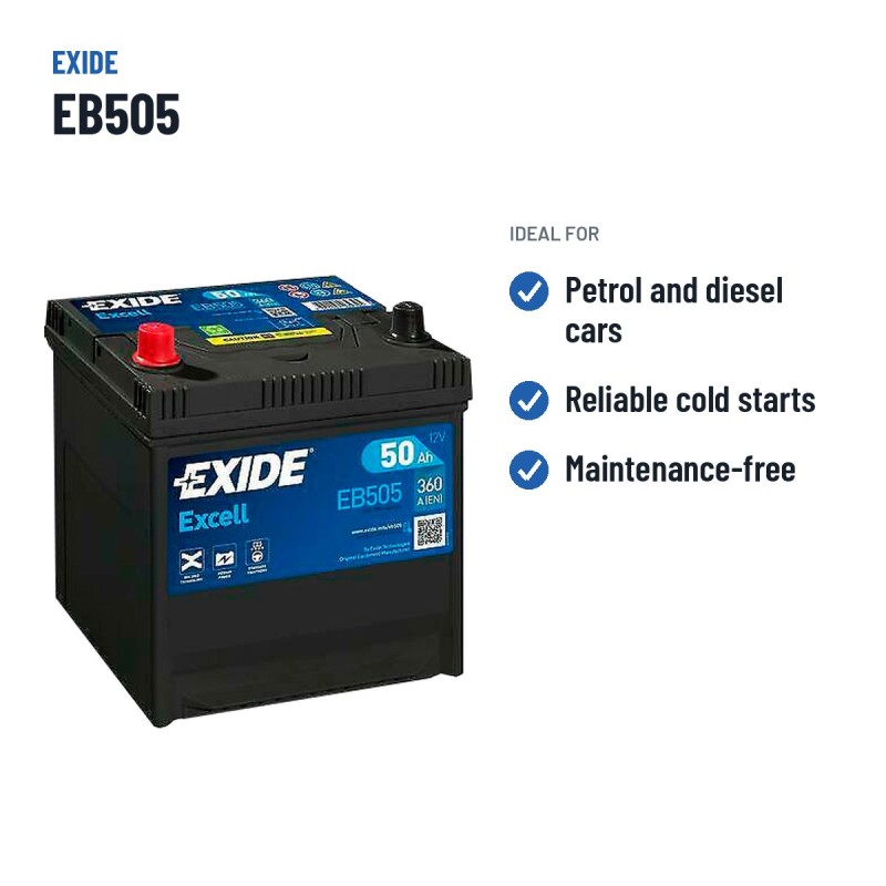 Batterie voiture Exide EB505 12V 50Ah 360A | baterias.com