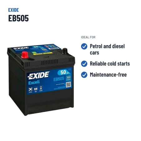 Batterie voiture Exide EB505 12V 50Ah 360A | baterias.com