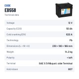Car battery Exide EB558 12V 55Ah 620A – technical data