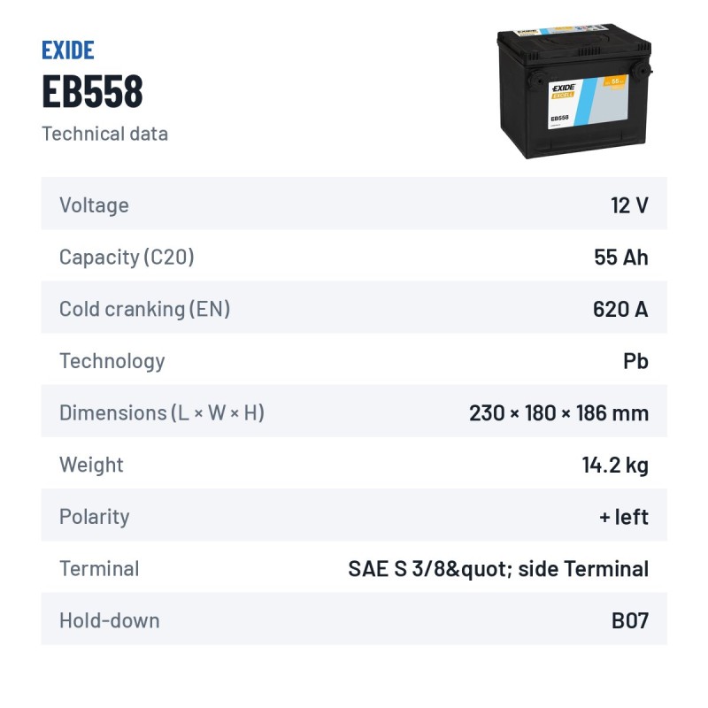 Car battery Exide EB558 12V 55Ah 620A – technical data
