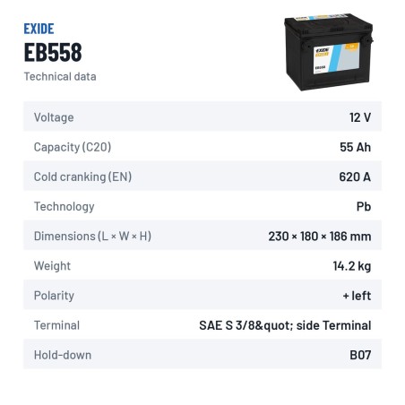 Car battery Exide EB558 12V 55Ah 620A – technical data