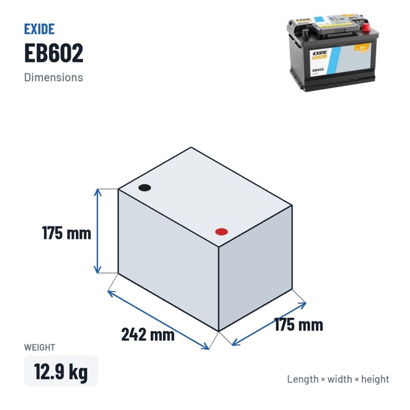 Batería de coche Exide EB602 12V 60Ah 540A | baterias.com